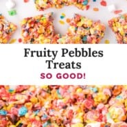Fruity Pebbles treats Pinterest image, with text and photos.