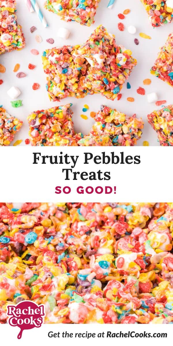 Fruity Pebbles treats Pinterest image, with text and photos.