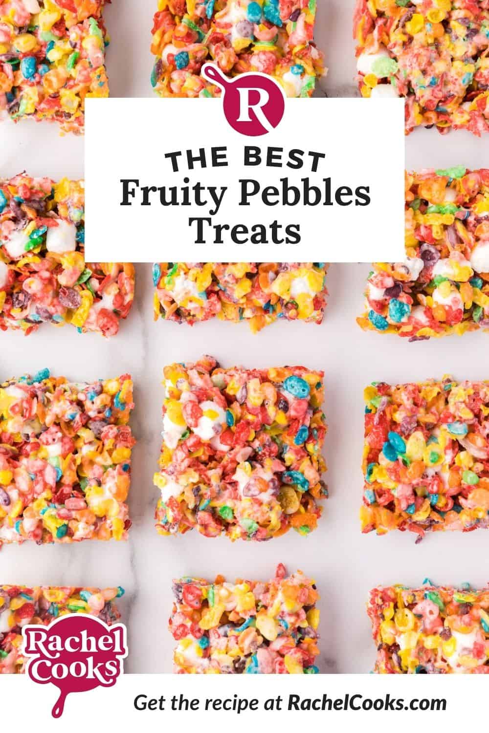 Fruity Pebbles treats Pinterest image, with text and photos.