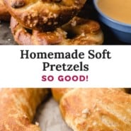 Homemade soft pretzels Pinterest graphic with text and photos.