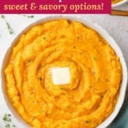 Mashed butternut squash pinterest graphic with text and photos.