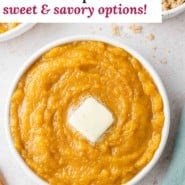 Mashed butternut squash pinterest graphic with text and photos.