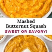 Mashed butternut squash pinterest graphic with text and photos.