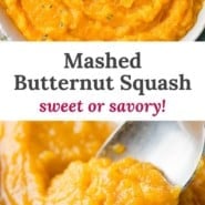 Mashed butternut squash pinterest graphic with text and photos.