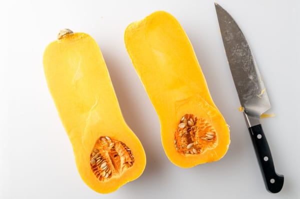 Butternut squash cut in half.