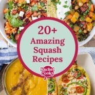 Squash recipes round up graphic with text and photos.