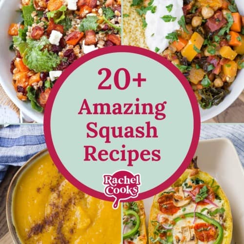 Squash recipes round up graphic with text and photos.