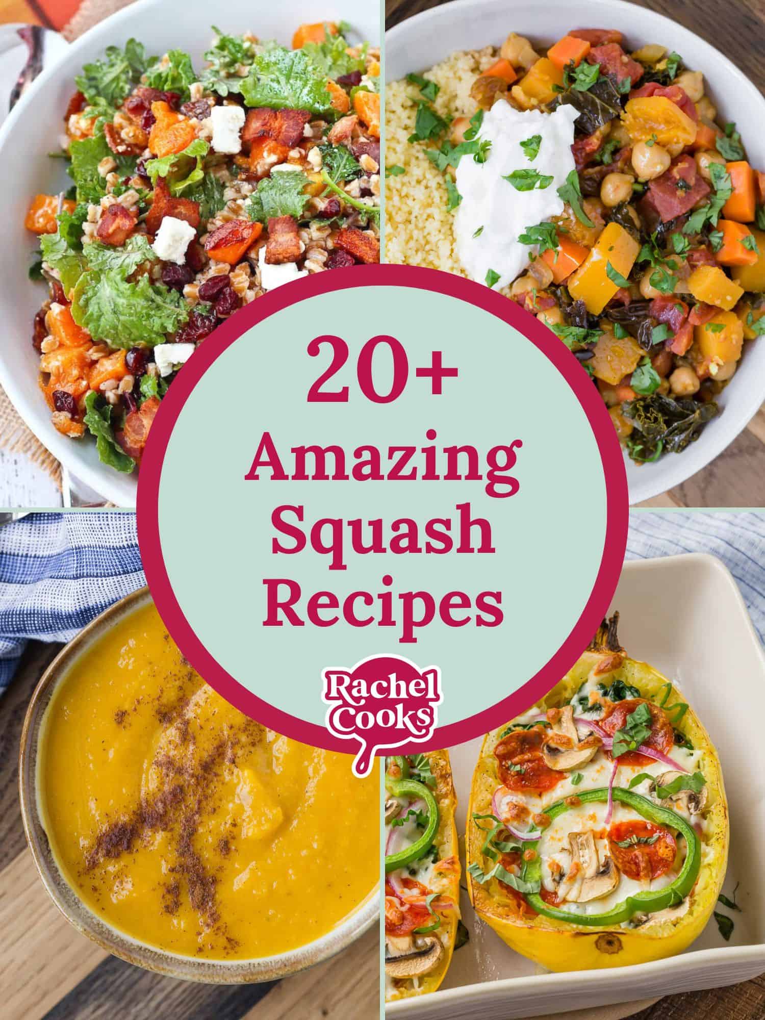 Squash recipes round up graphic with text and photos.