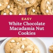 White chocolate macadamia nut cookies Pinterest graphic with text and photos.