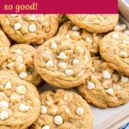 White chocolate macadamia nut cookies Pinterest graphic with text and photos.