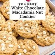 White chocolate macadamia nut cookies Pinterest graphic with text and photos.