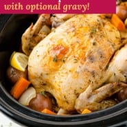 Whole chicken in the crockpot Pinterest graphic with text and photos.