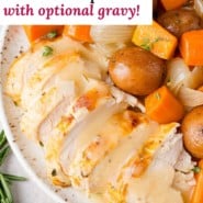 Whole chicken in the crockpot Pinterest graphic with text and photos.