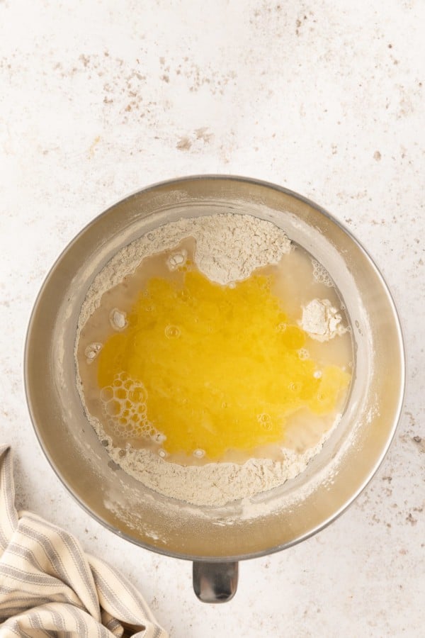 Wet ingredients added to mixing bowl.