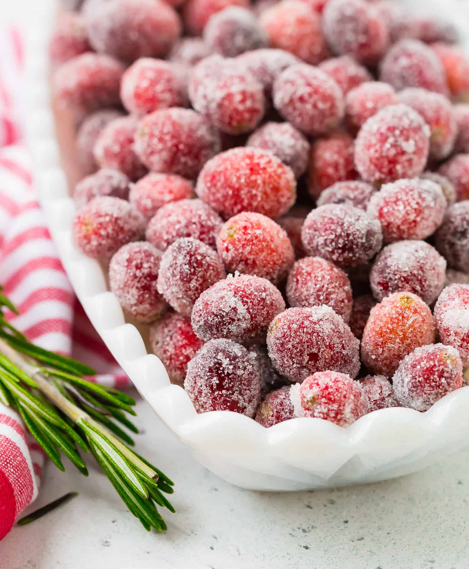 Close up view of candied sugared cranberries.