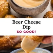 Beer cheese dip Pinterest graphic with text and photos.