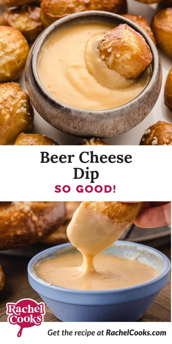 Beer cheese dip Pinterest graphic with text and photos.