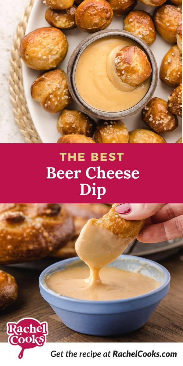 Beer cheese dip Pinterest graphic with text and photos.