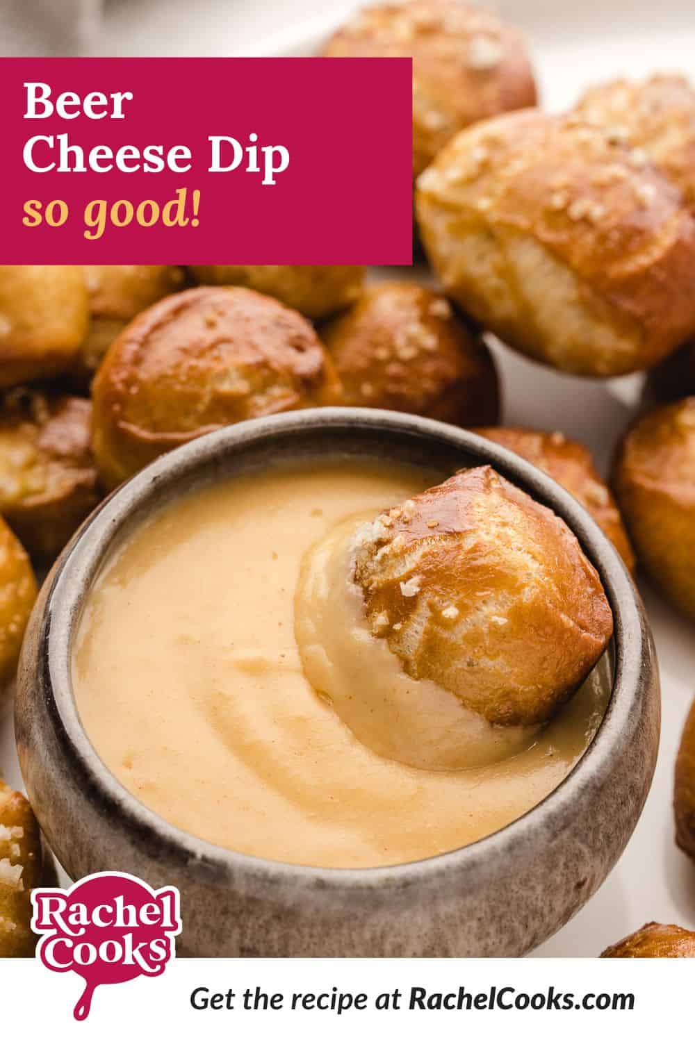 Beer cheese dip Pinterest graphic with text and photos.