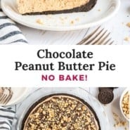 Chocolate peanut butter pie Pinterest graphic with text and photos.