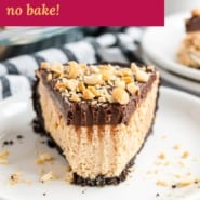 Chocolate peanut butter pie Pinterest graphic with text and photos.