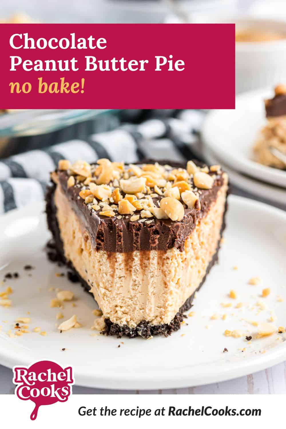 Chocolate peanut butter pie Pinterest graphic with text and photos.