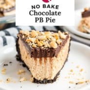 Chocolate peanut butter pie Pinterest graphic with text and photos.