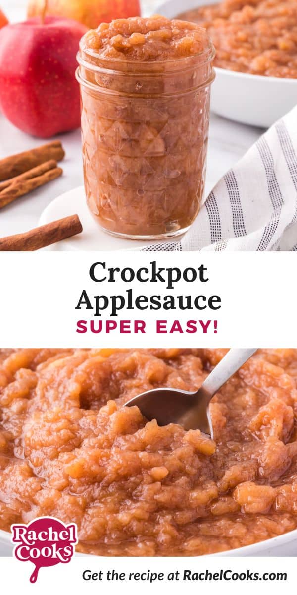 Crockpot applesauce Pinterest image with text and photos.