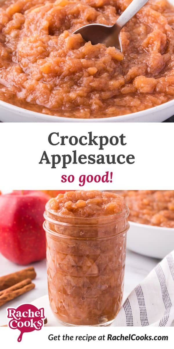 Crockpot applesauce Pinterest image with text and photos.