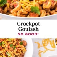 Crockpot goulash Pinterest graphic with text and photos.