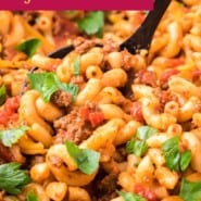 Crockpot goulash Pinterest graphic with text and photos.