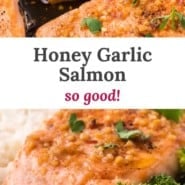 Honey garlic salmon Pinterest graphic with text and photos.