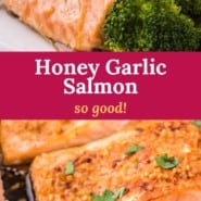 Honey garlic salmon Pinterest graphic with text and photos.