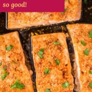Honey garlic salmon Pinterest graphic with text and photos.