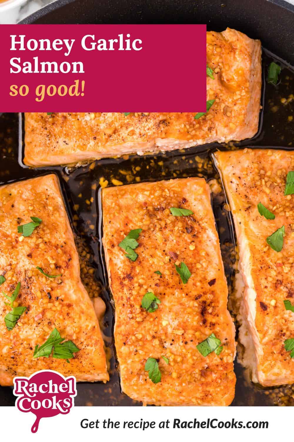 Honey garlic salmon Pinterest graphic with text and photos.