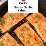 Honey garlic salmon Pinterest graphic with text and photos.