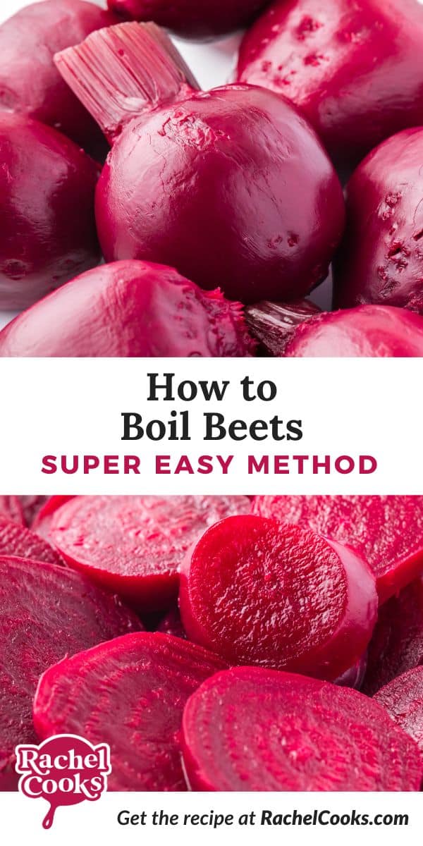How to boil beets, Pinterest graphic with text and photos.