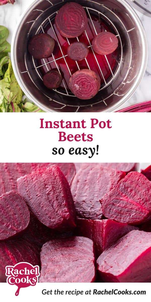 Instant Pot beets Pinterest graphic with text and photos.