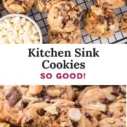 Kitchen sink cookies Pinterest graphic with text and photos.