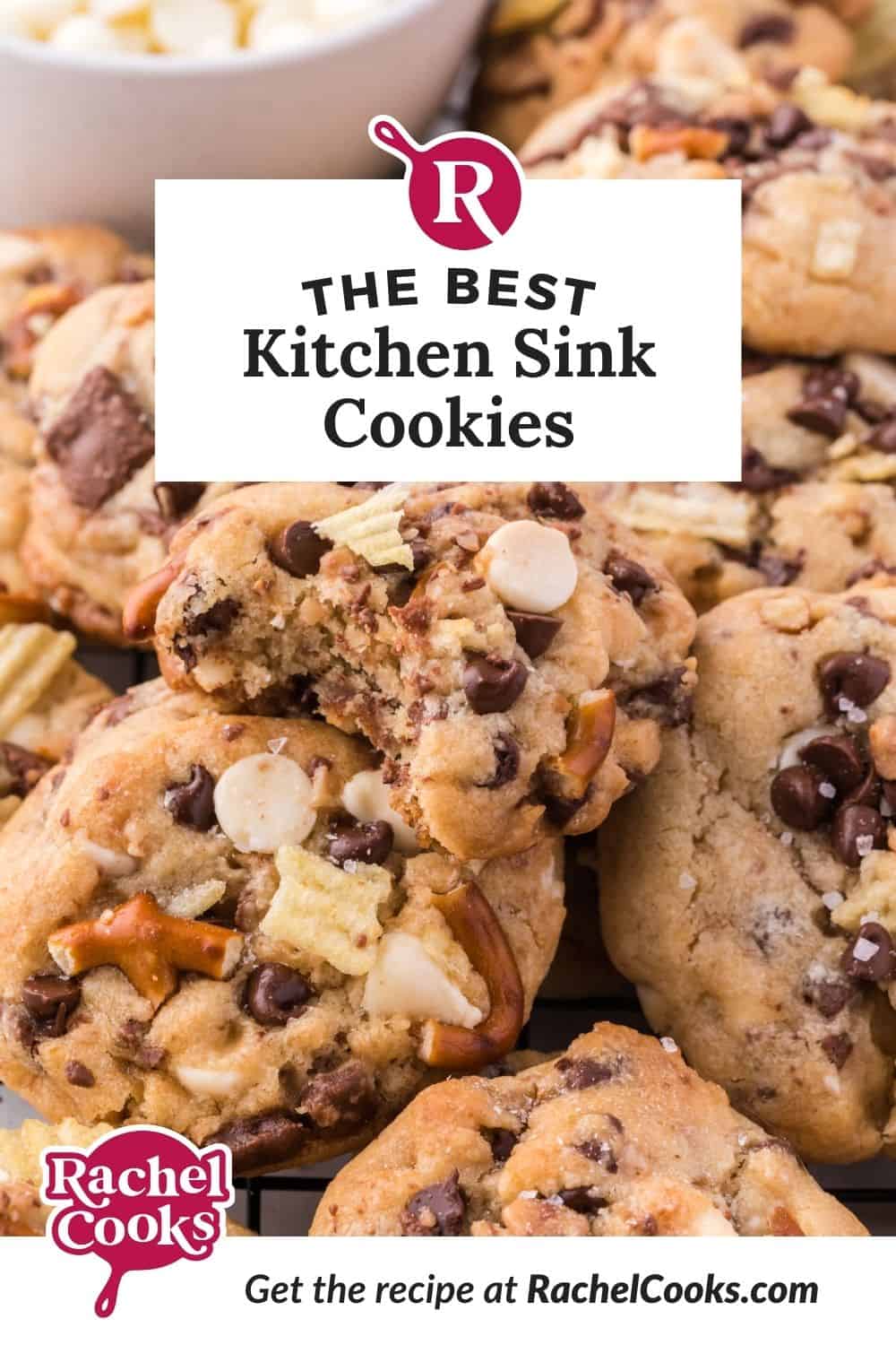 Kitchen sink cookies Pinterest graphic with text and photos.