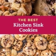 Kitchen sink cookies Pinterest graphic with text and photos.