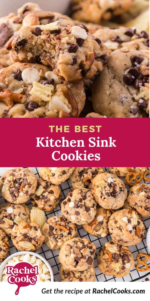 Kitchen sink cookies Pinterest graphic with text and photos.