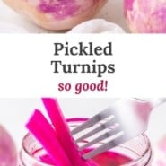 Pickled turnips Pinterest graphic with text and photos.