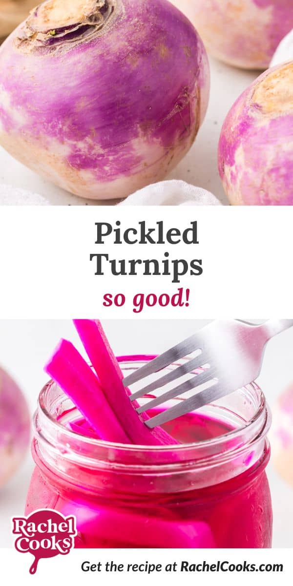 Pickled turnips Pinterest graphic with text and photos.
