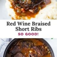 Red wine braised short ribs Pinterest graphic with text and photos.