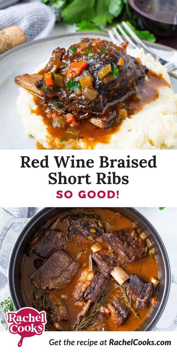 Red wine braised short ribs Pinterest graphic with text and photos.
