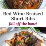 Red wine braised short ribs Pinterest graphic with text and photos.