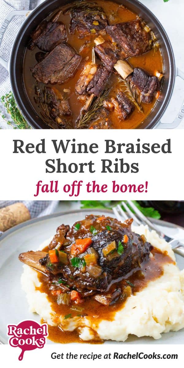 Red wine braised short ribs Pinterest graphic with text and photos.