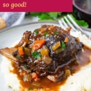 Red wine braised short ribs Pinterest graphic with text and photos.