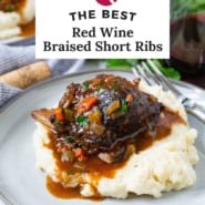 Red wine braised short ribs Pinterest graphic with text and photos.